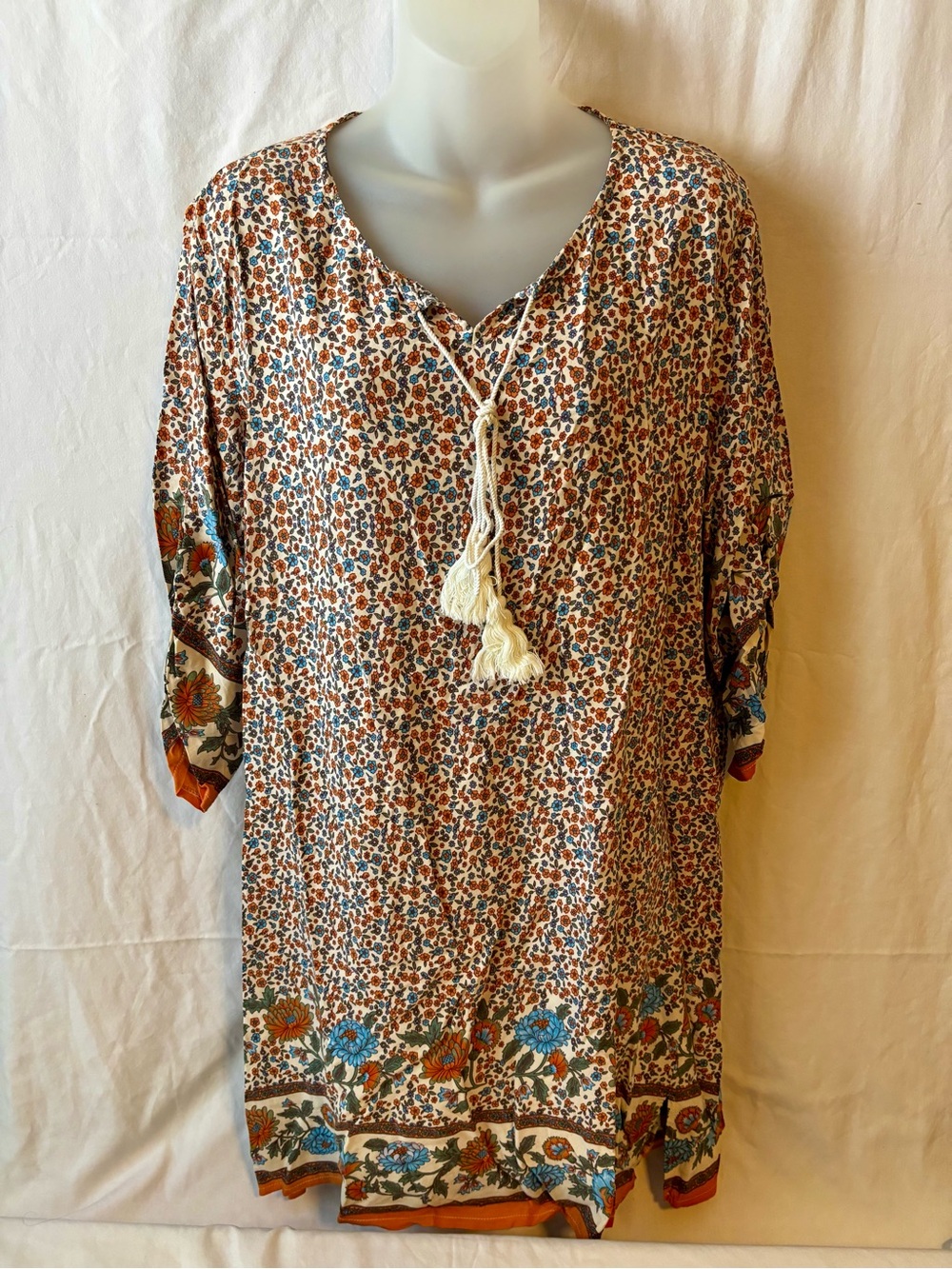 Hotouch 2XL Boho Floral Tassel Tie Women’s DRESS- Cream with Blue & Rust Flora